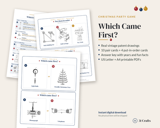 Christmas Which Came First Game Printable, Vintage Invention Patent Drawings, Family Party Trivia PDF