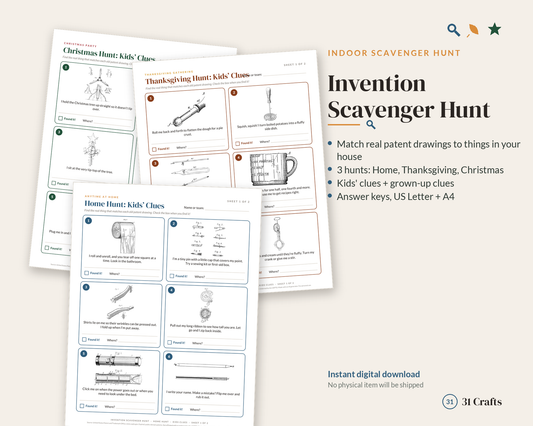 Invention Scavenger Hunt Printable, Indoor Hunt for Home, Thanksgiving, Christmas, Vintage Patent Drawings