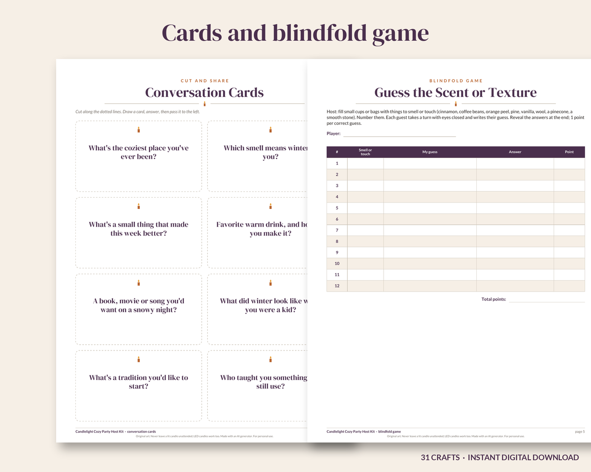 Candlelight Cozy Party Host Kit, Hygge Party Printable, Winter Game Night Invitation, Conversation Cards, Blindfold Game