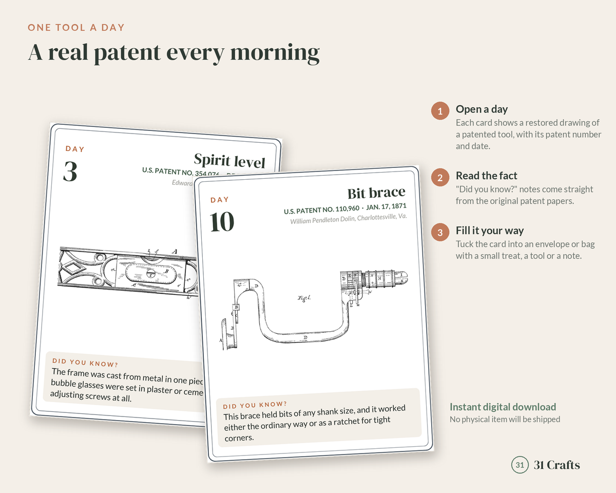 Tool Advent Calendar Printable, 24 Days of Tools with Vintage Patent Drawings, Christmas Countdown for Dad, Woodworker & DIYer