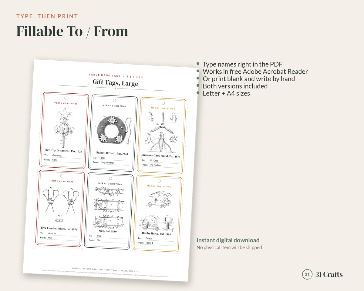 Vintage Patent Christmas Gift Tags Printable, Editable To From Tags with Old Toy & Holiday Drawings, Instant Download PDF