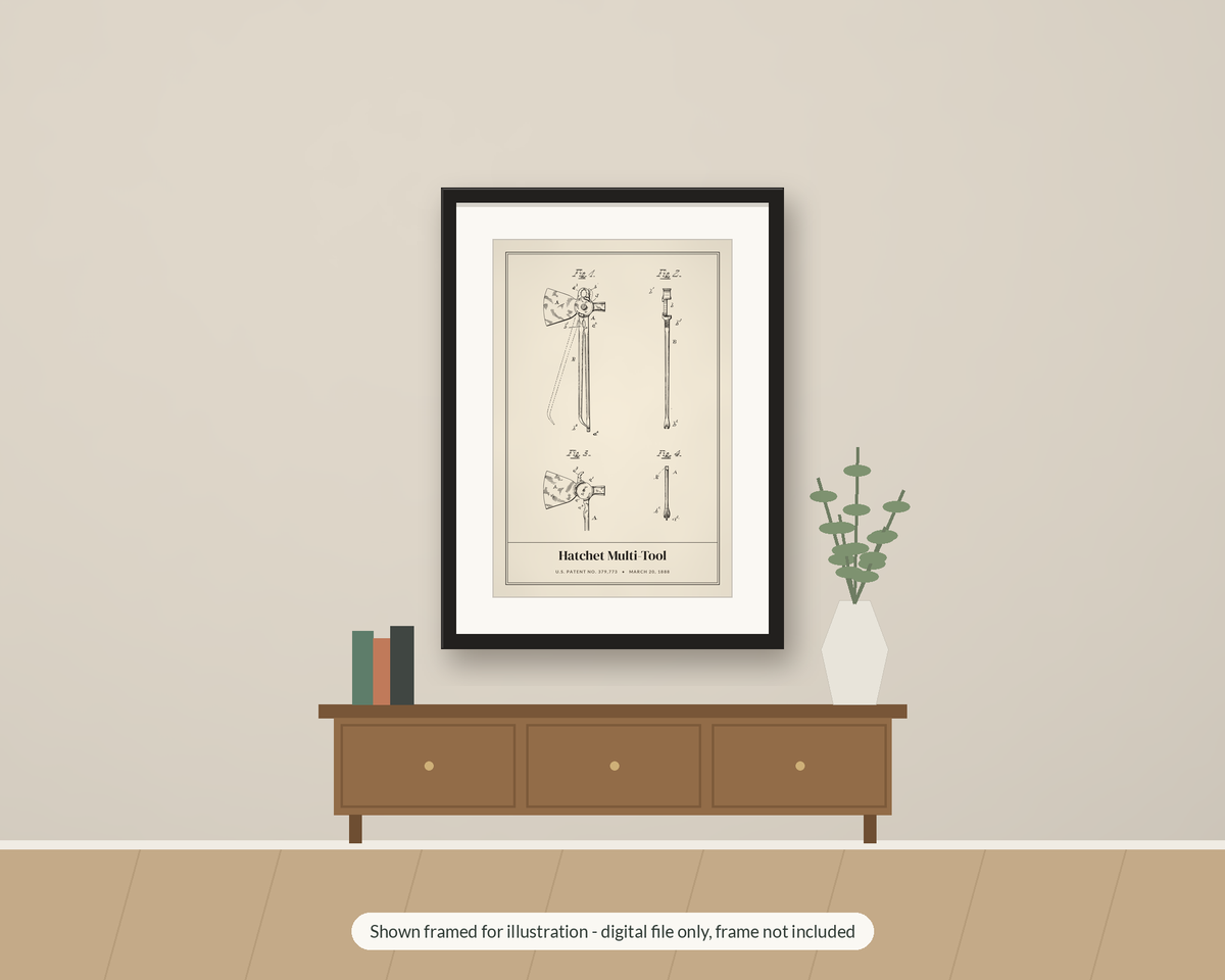 1888 Hatchet Multi Tool Patent Print, Vintage Blueprint Wall Art, Printable Woodsman Gift