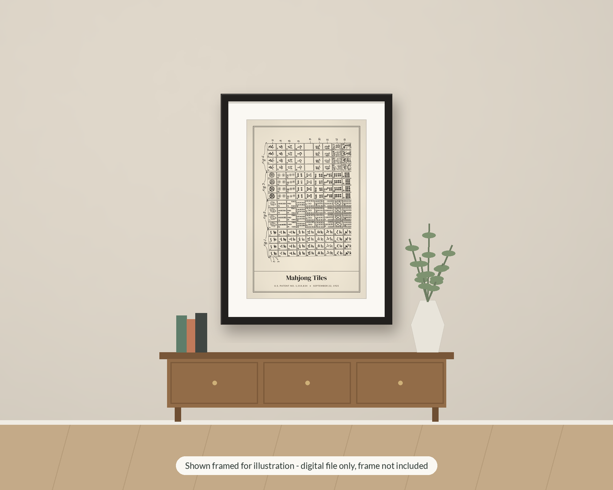 1925 Mahjong Tiles Patent Print, Game Room Wall Art, Printable Mahjong Player Gift