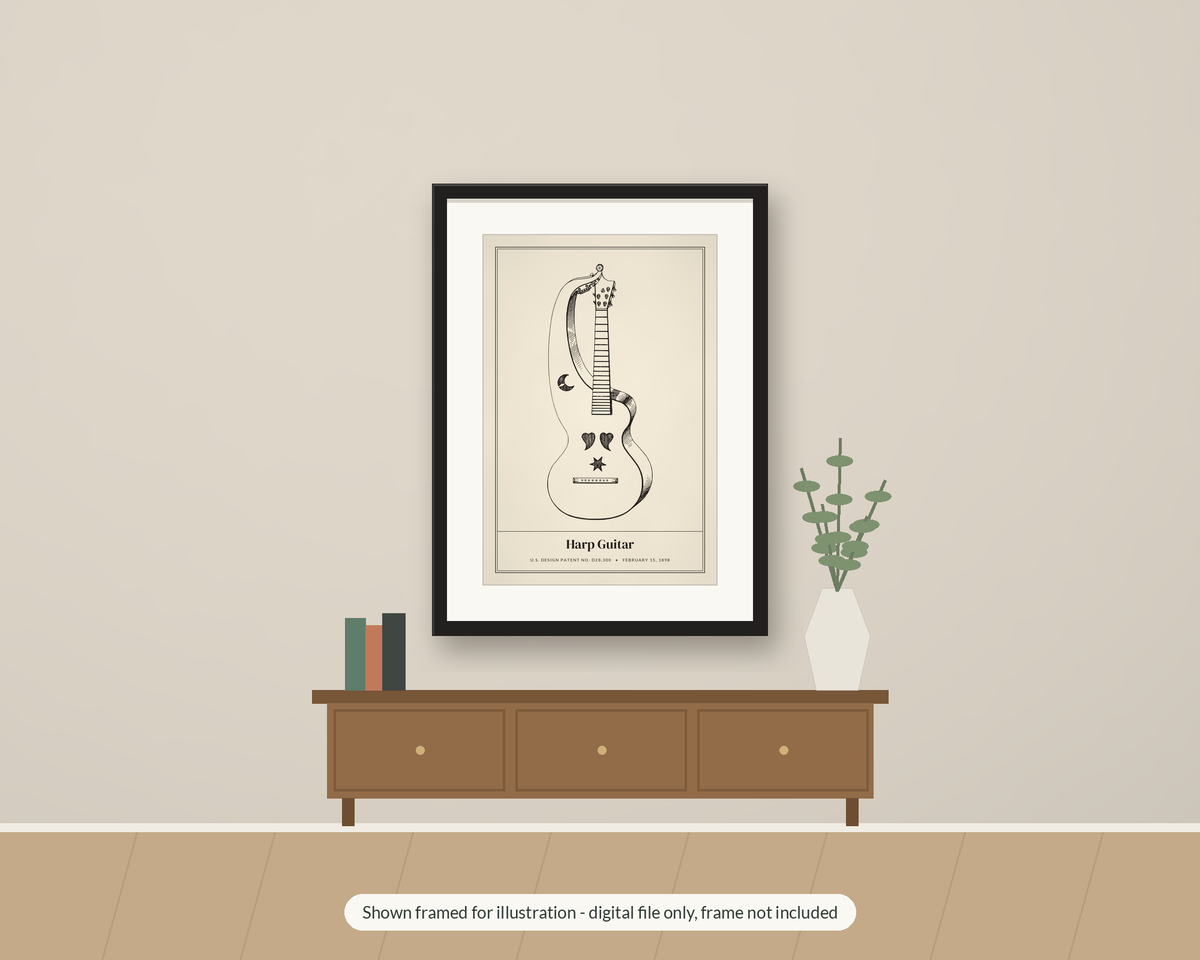 1898 Harp Guitar Patent Print, Vintage Blueprint Music Wall Art, Printable Luthier Gift