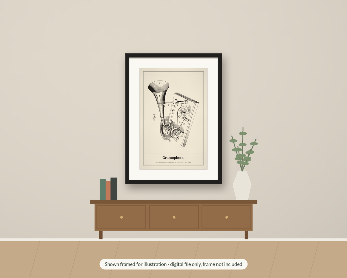1895 Gramophone Patent Print, Record Player Wall Art, Printable Vinyl Lover Gift