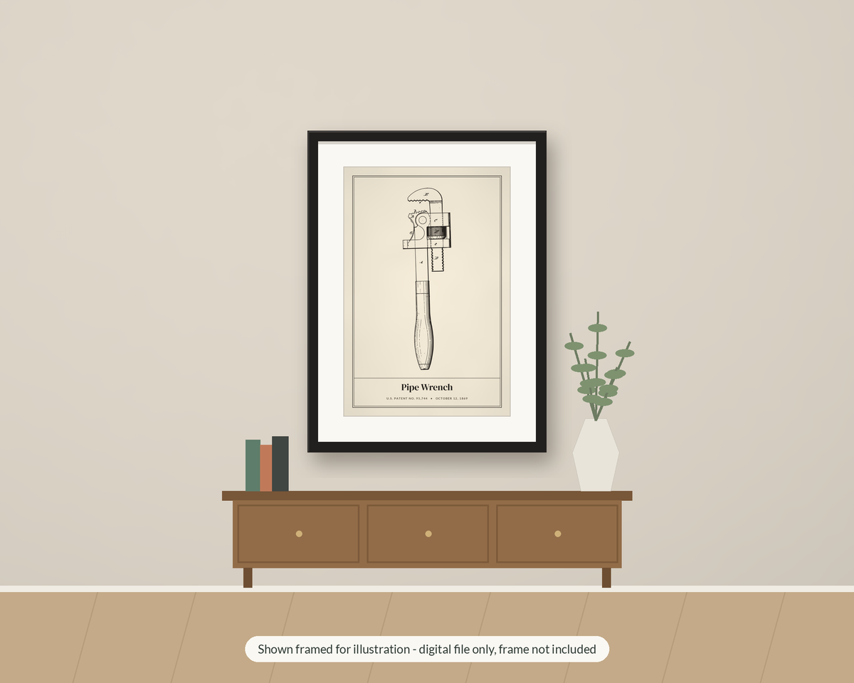 1869 Pipe Wrench Patent Print, Vintage Tool Blueprint Wall Art, Printable Plumber Gift