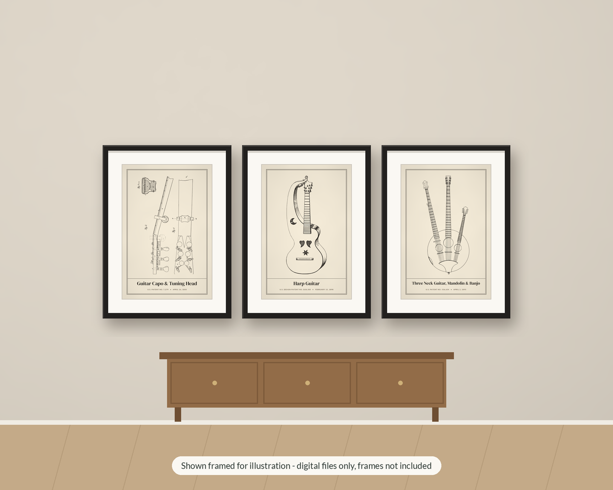 Guitar Patent Print Set of 3, Banjo Mandolin Blueprint Wall Art, Printable Musician Gift