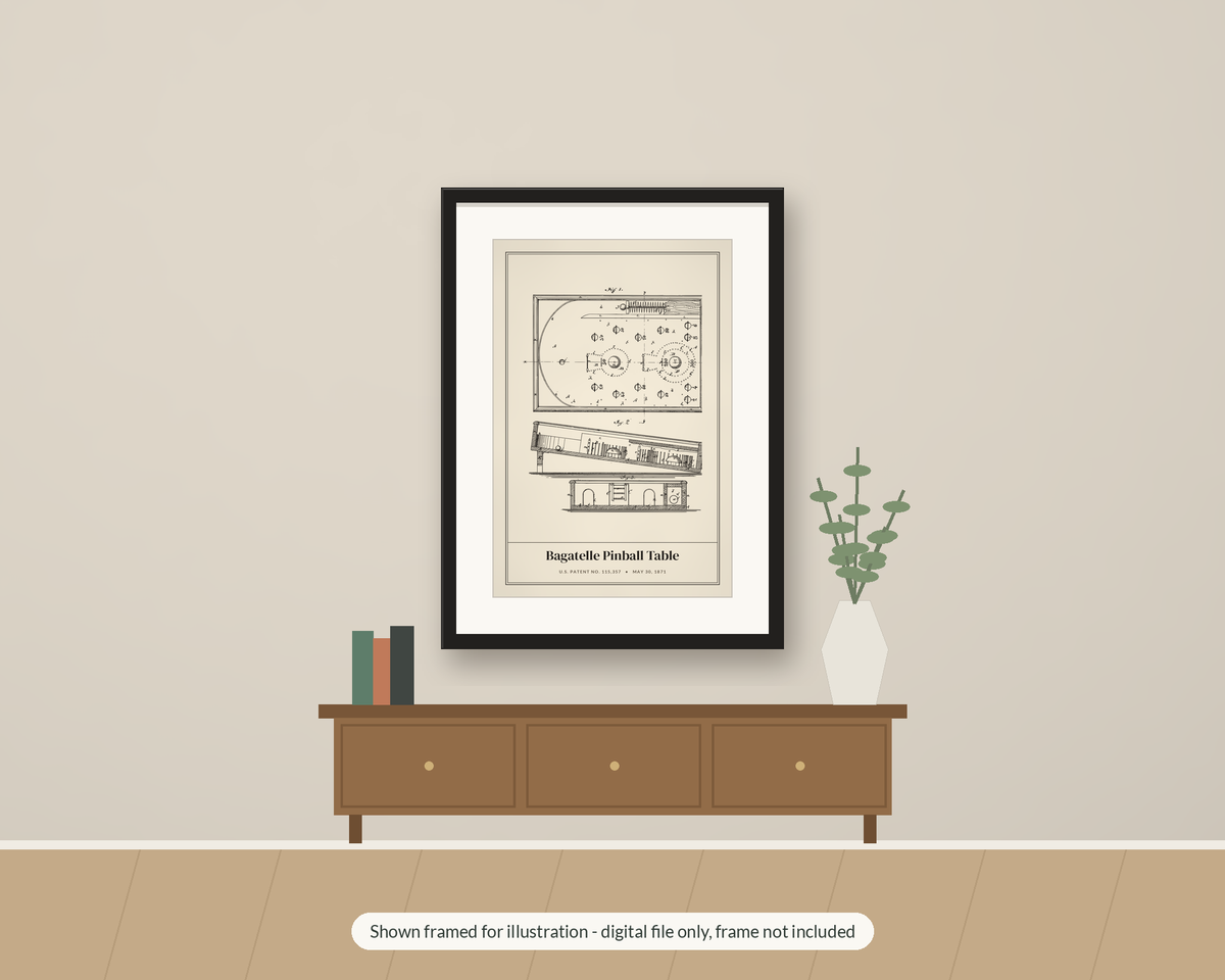 1871 Pinball Bagatelle Patent Print, Game Room Wall Art, Printable Arcade Lover Gift