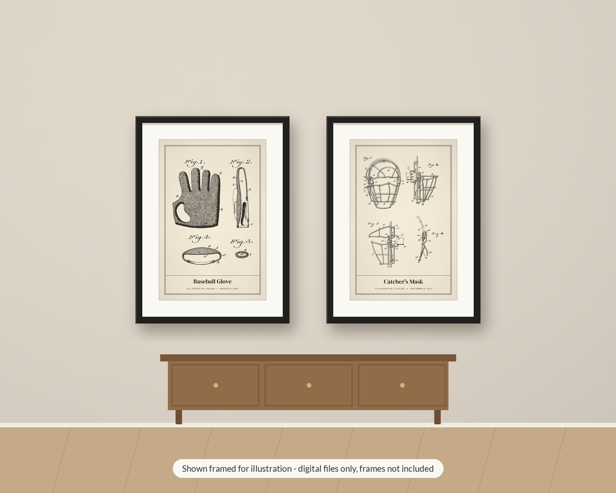 Baseball Glove & Catcher's Mask Patent Prints, Set of 2, Printable Baseball Fan Gift