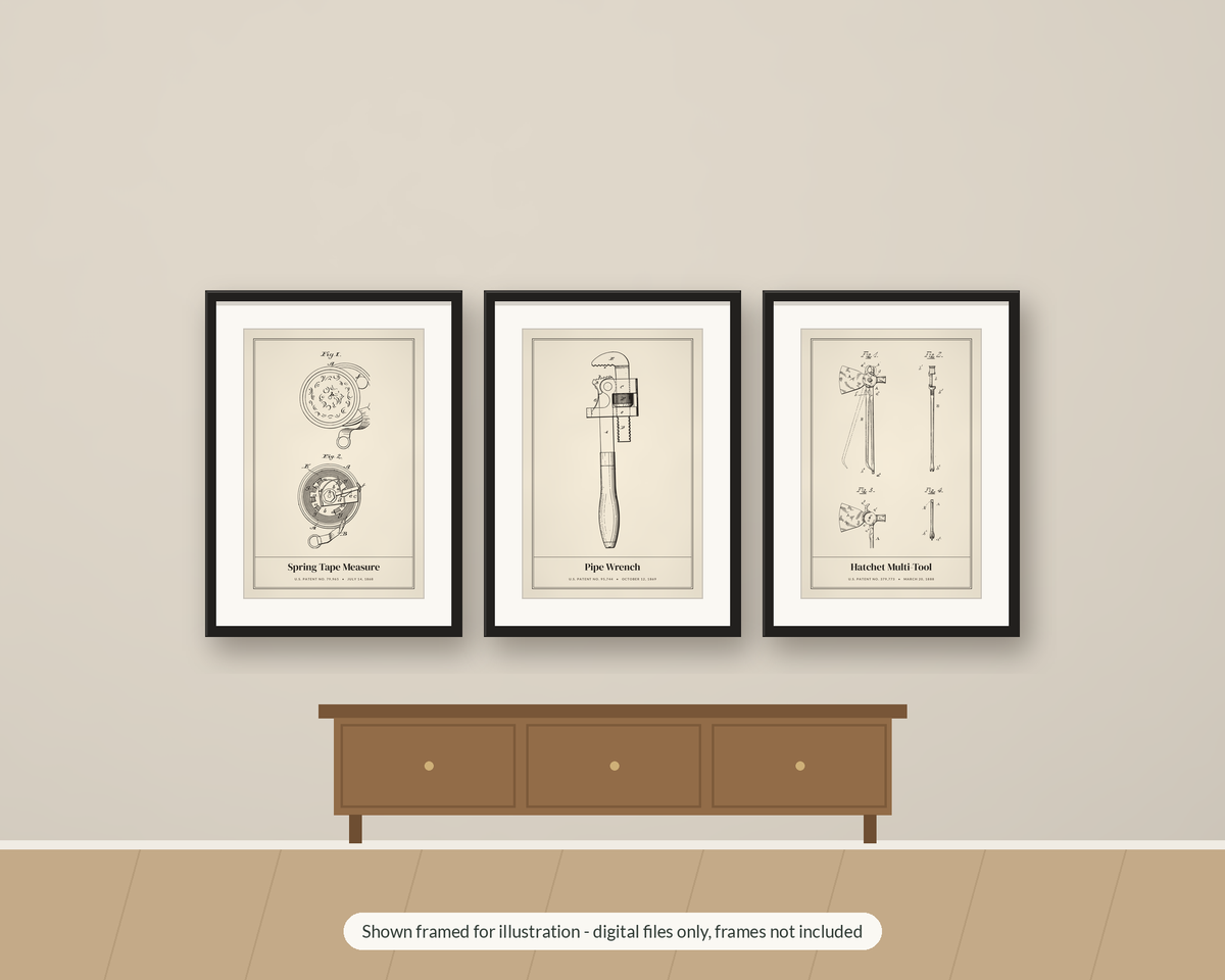 Vintage Tool Patent Print Set of 3, Workshop Blueprint Wall Art, Printable Dad Gift