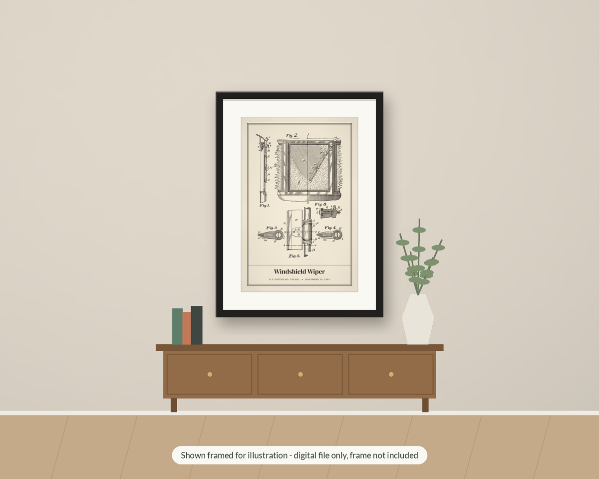 1903 Windshield Wiper Patent Print, Vintage Car Blueprint Wall Art, Printable Mechanic Gift