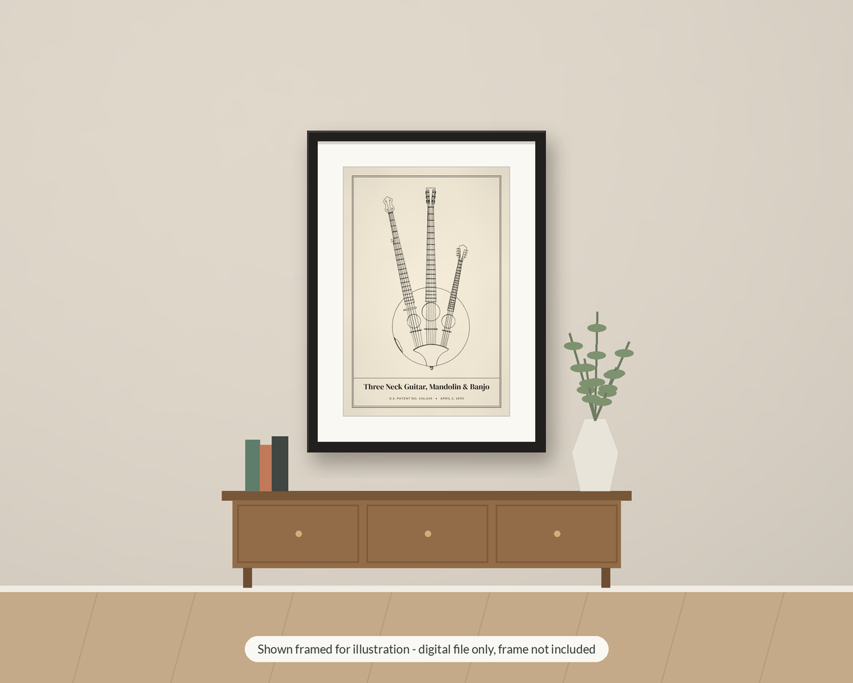 1895 Three Neck Guitar Patent Print, Banjo Mandolin Blueprint Wall Art, Printable Music Gift