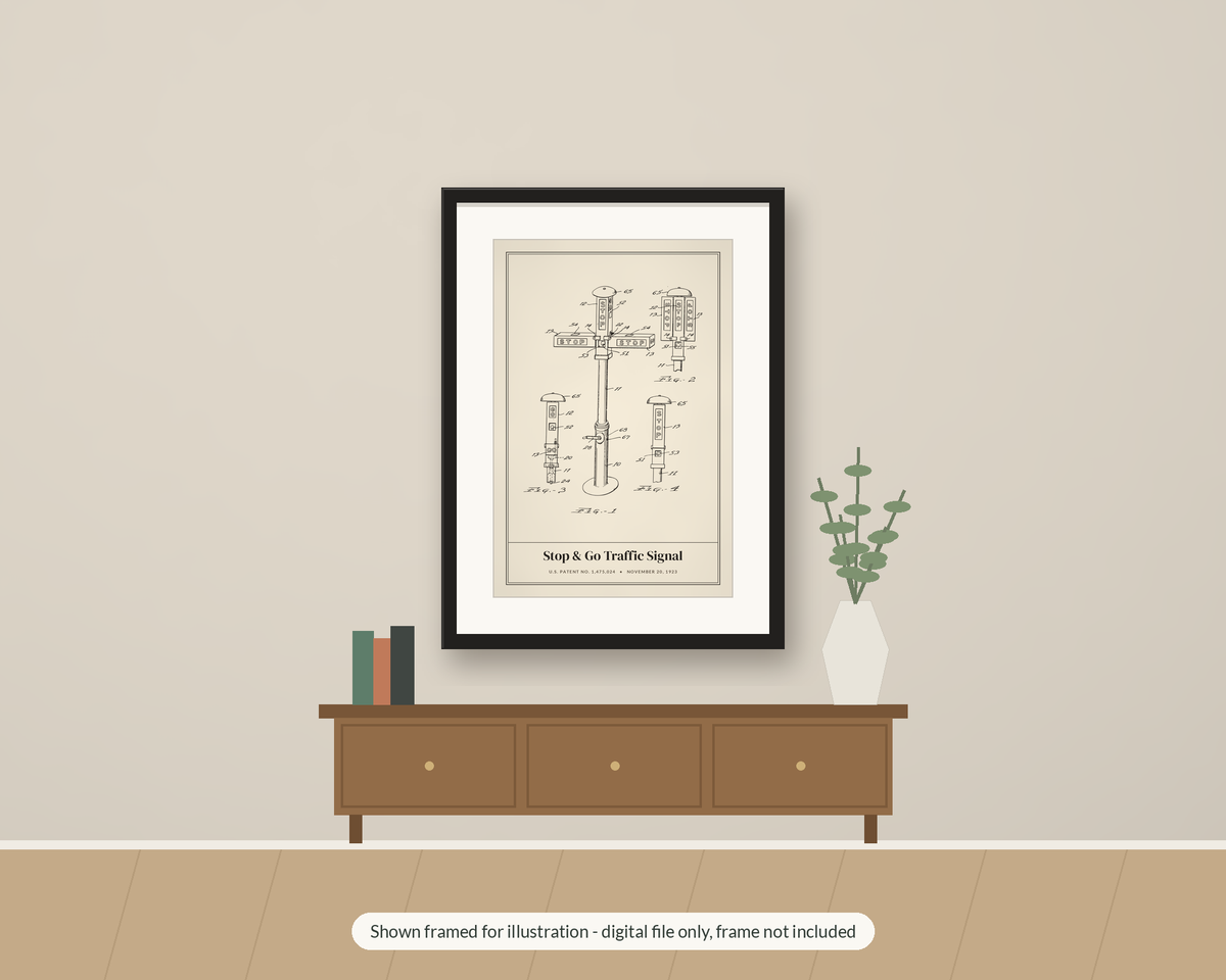 1923 Traffic Signal Patent Print, Stop and Go Blueprint Wall Art, Printable Driver Gift