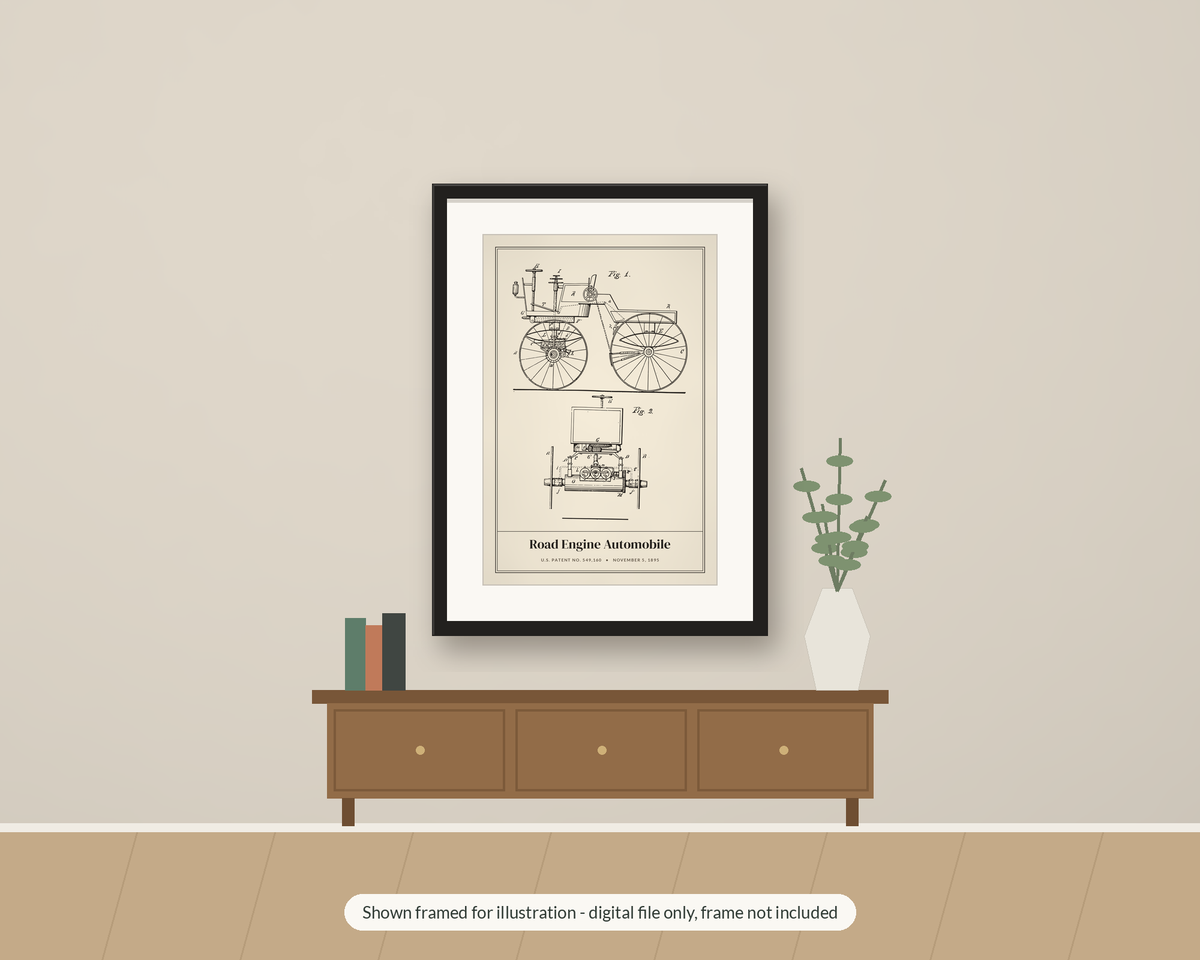 1895 Road Engine Automobile Patent Print, Car Blueprint Wall Art, Printable Car Lover Gift
