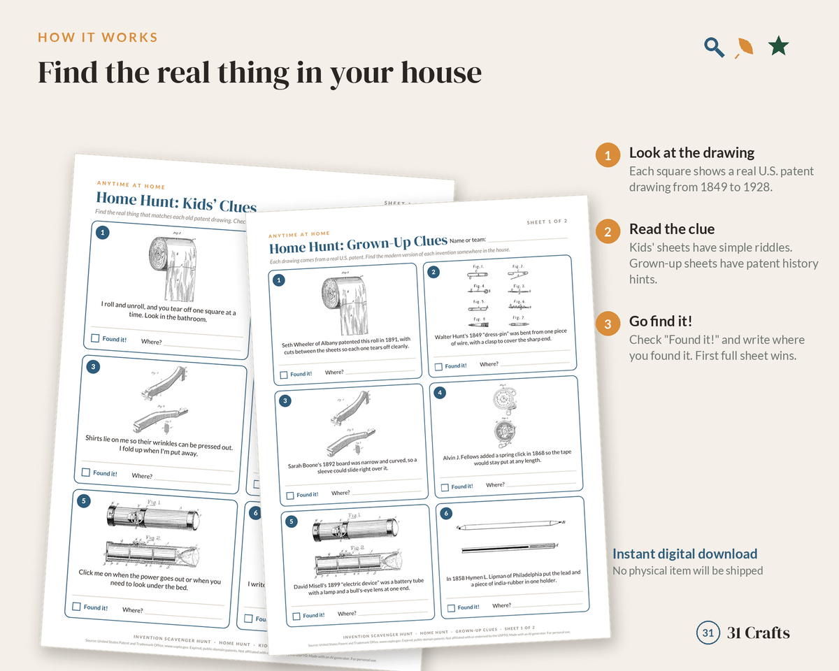 Invention Scavenger Hunt Printable, Indoor Hunt for Home, Thanksgiving, Christmas, Vintage Patent Drawings