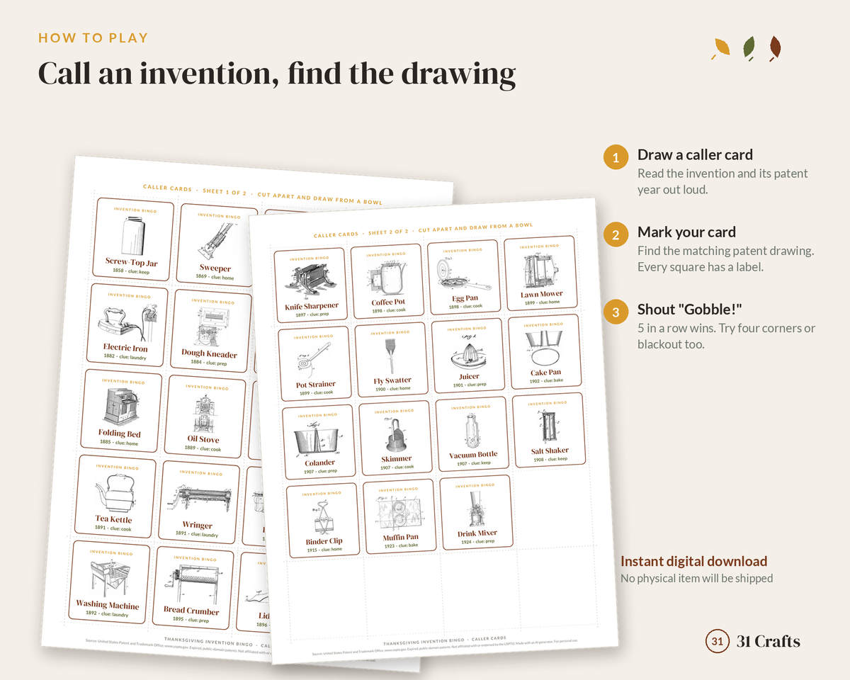 Thanksgiving Invention Bingo Printable, 30 Unique Cards, Vintage Kitchen Patent Drawings, Family Game PDF