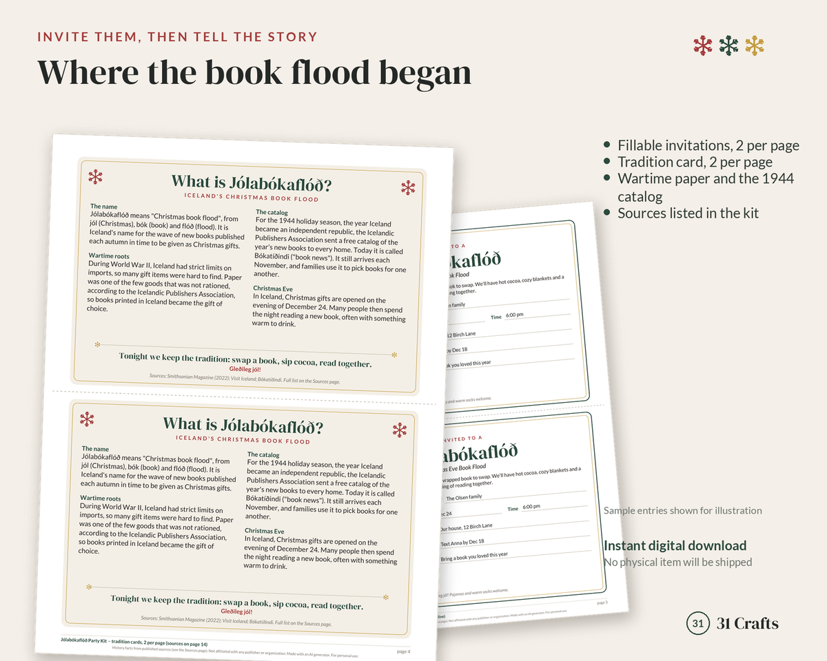 Jólabókaflóð Christmas Eve Book Flood Party Kit, Book Exchange Game, Reading Bingo, Bookmarks, Printable