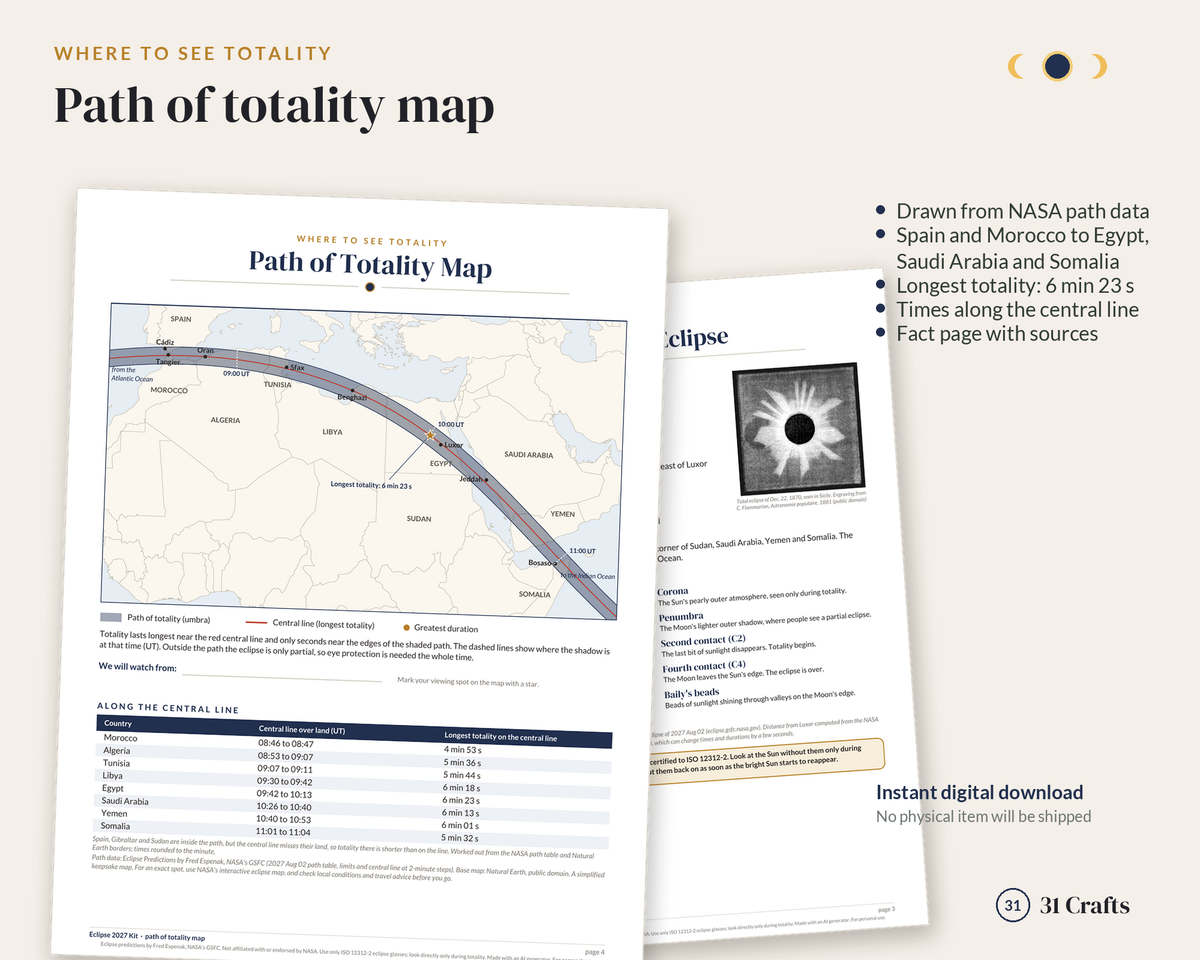 Eclipse 2027 Printable Kit: Total Solar Eclipse Log, Kids Pages, Trip Journal, Totality Map