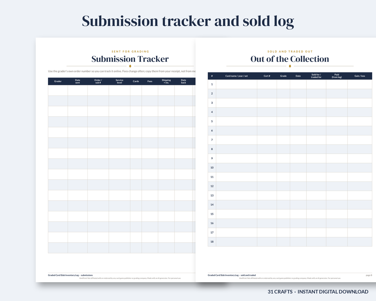 Graded Card Slab Inventory Log, Printable Card Collection Tracker, Grading Submission Log, Fillable PDF