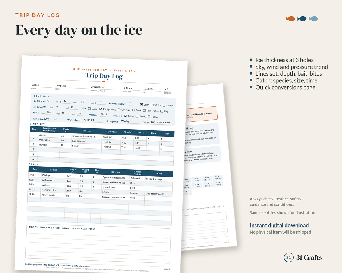 Ice Fishing Log Book, Fillable Ice Fishing Journal, Season Catch Record, Printable PDF