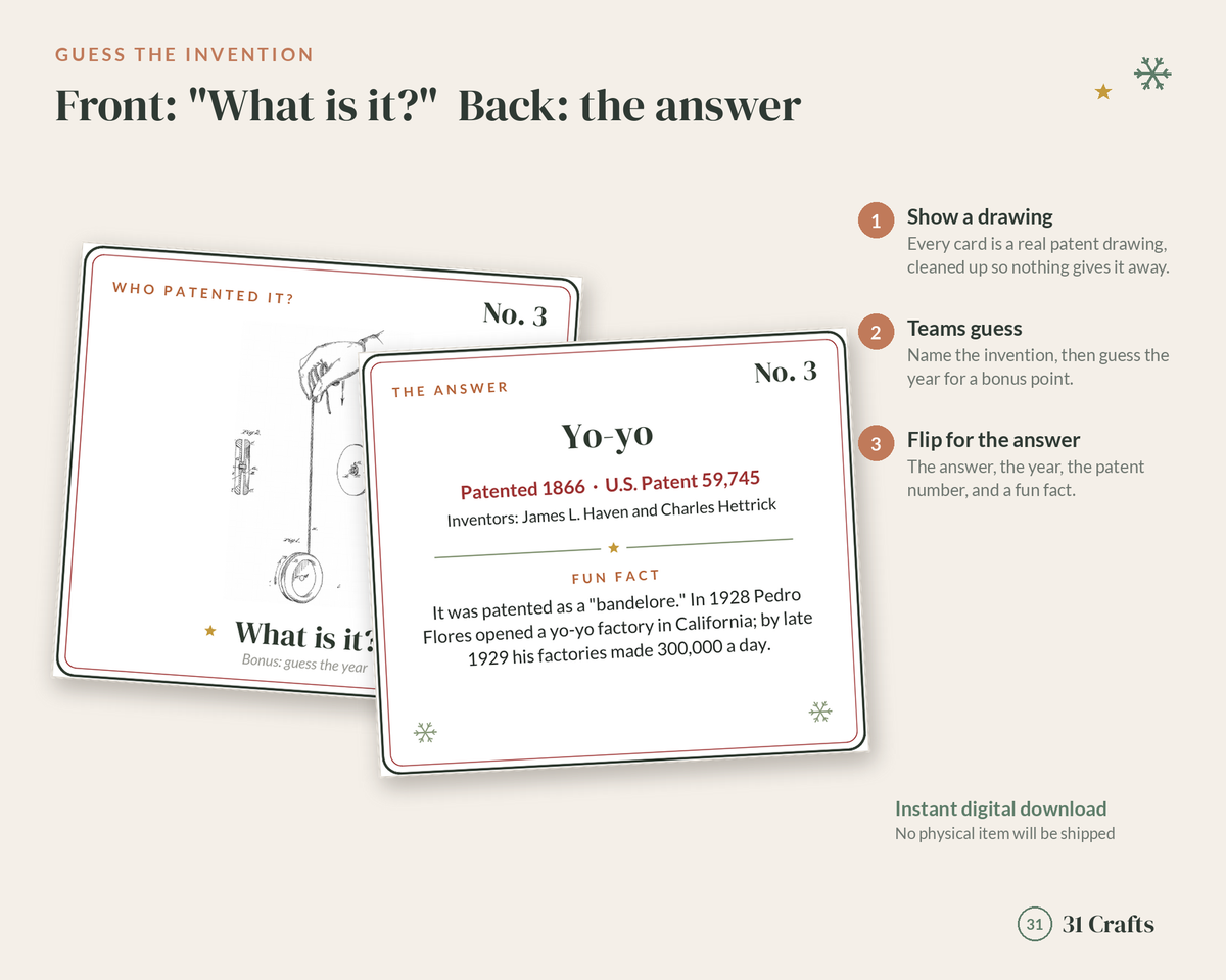 Who Patented It Christmas Trivia and Bingo Printable, Family Party Game with Real Patent Drawings, Holiday Game Night PDF
