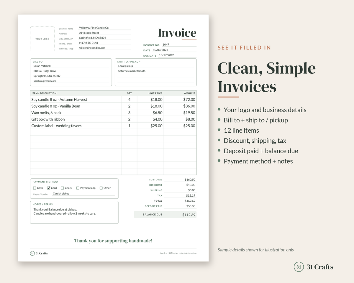 Printable Invoice Template for Small Business, Fillable PDF Invoice, Editable Spreadsheet, Craft Business Invoice, Handmade Seller Form