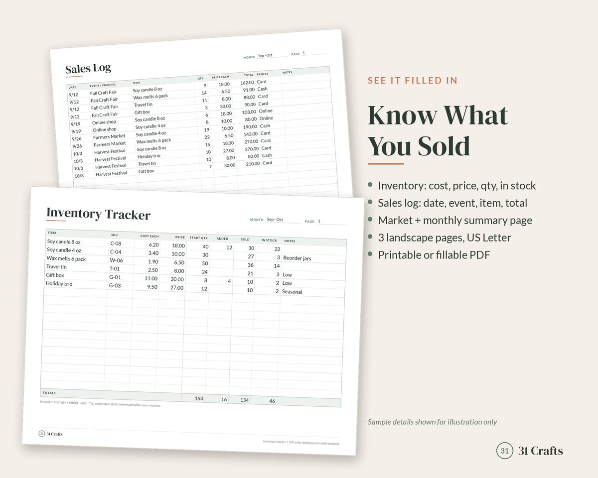 Inventory and Sales Tracker Spreadsheet and Printable, Craft Business Inventory Log, Small Business Sales Log, Vendor Event Tracker