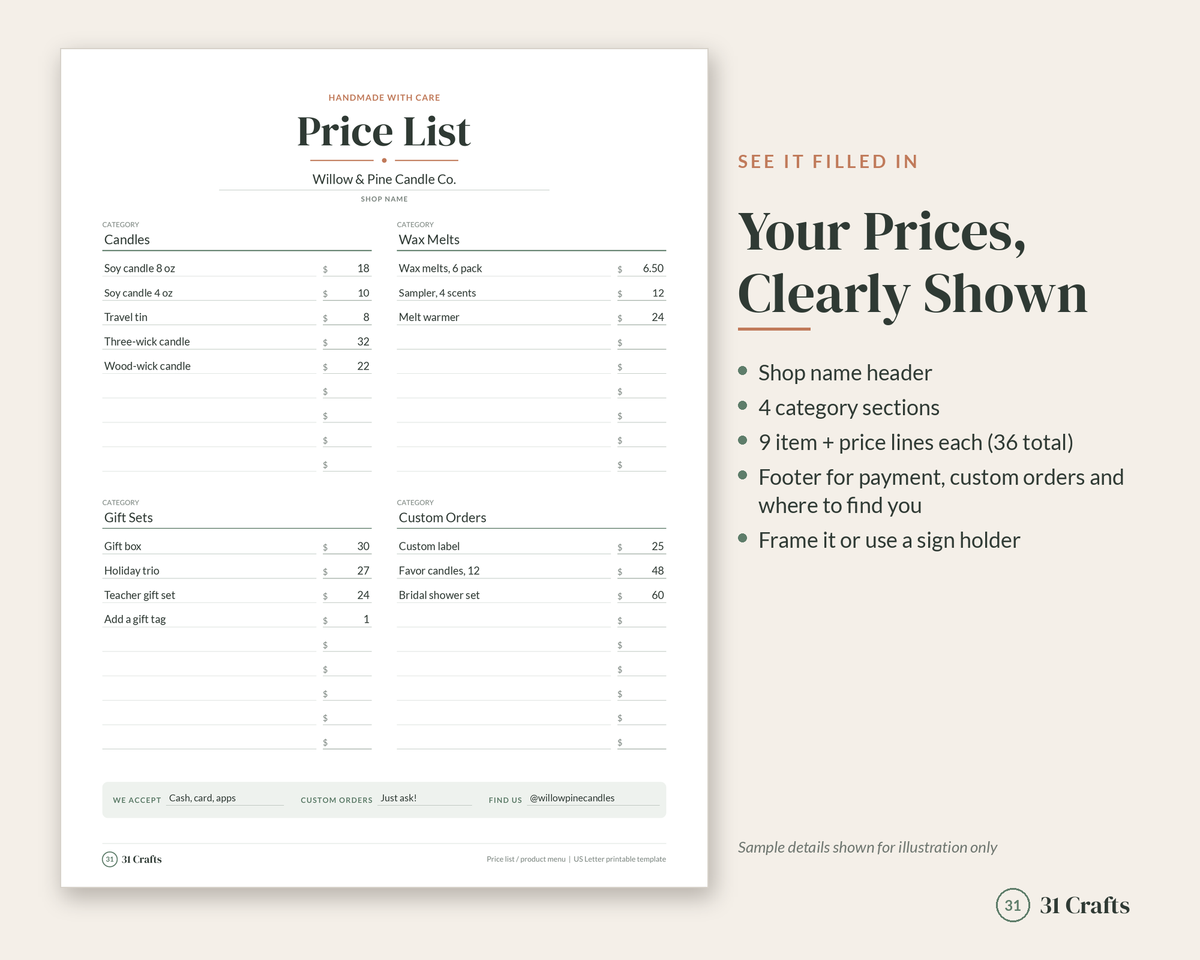 Price List Template Printable, Craft Booth Price Sign, Fillable Product Menu, Vendor Price Sheet, Small Business Pricing Printable
