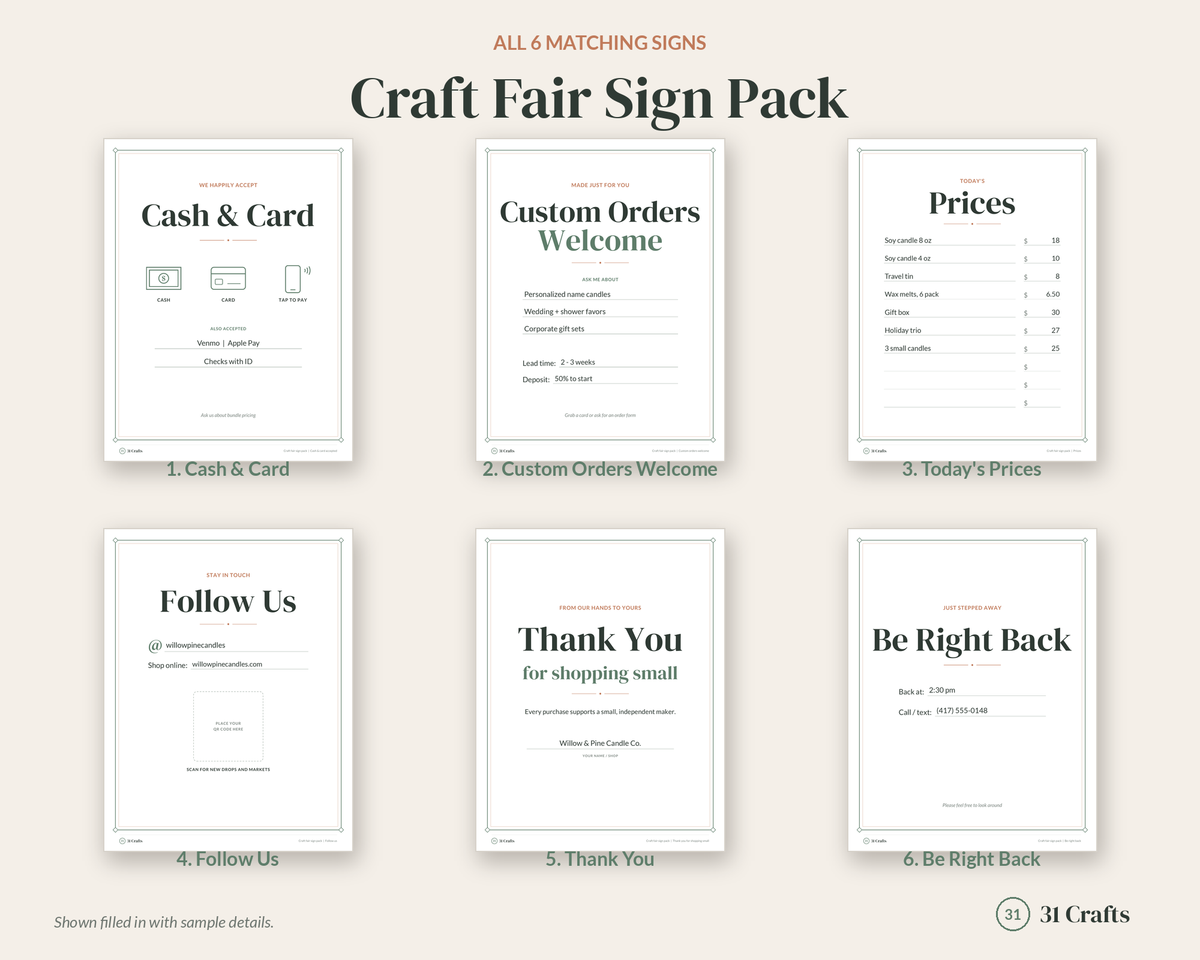 Craft Fair Sign Bundle Printable, Cash and Card Accepted Sign, Custom Orders Welcome, Follow Us Sign, Vendor Booth Signs, Fillable PDF