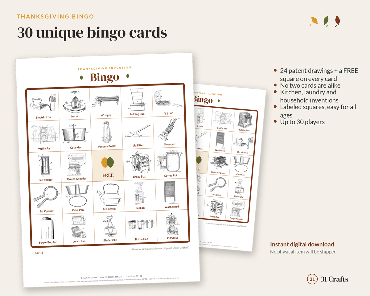 Thanksgiving Invention Bingo Printable, 30 Unique Cards, Vintage Kitchen Patent Drawings, Family Game PDF