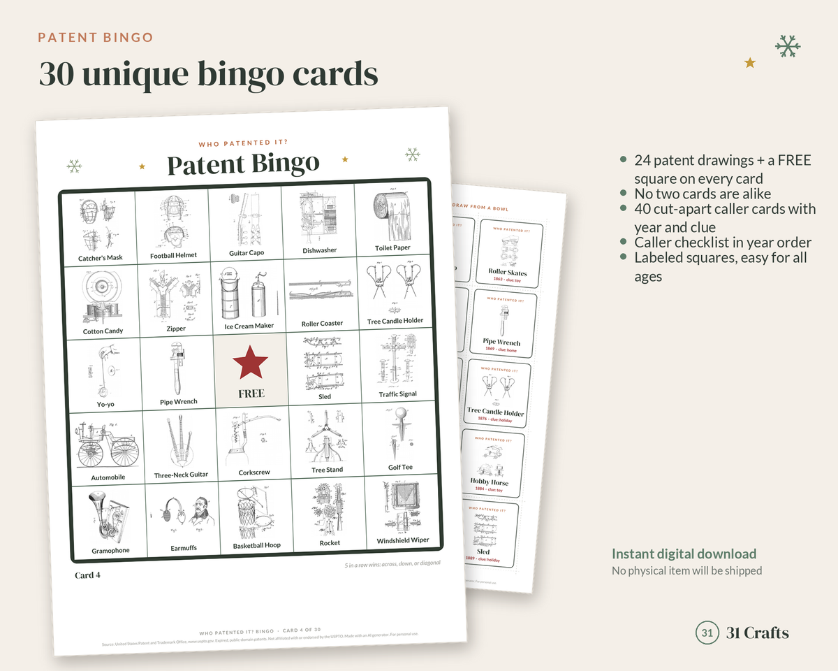 Who Patented It Christmas Trivia and Bingo Printable, Family Party Game with Real Patent Drawings, Holiday Game Night PDF