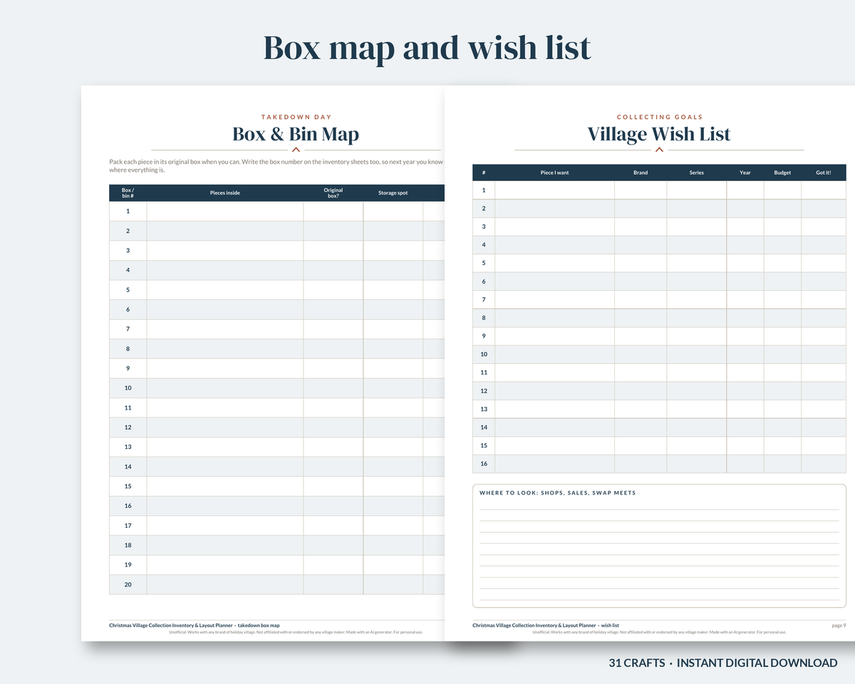 Christmas Village Inventory & Layout Planner (Printable)
