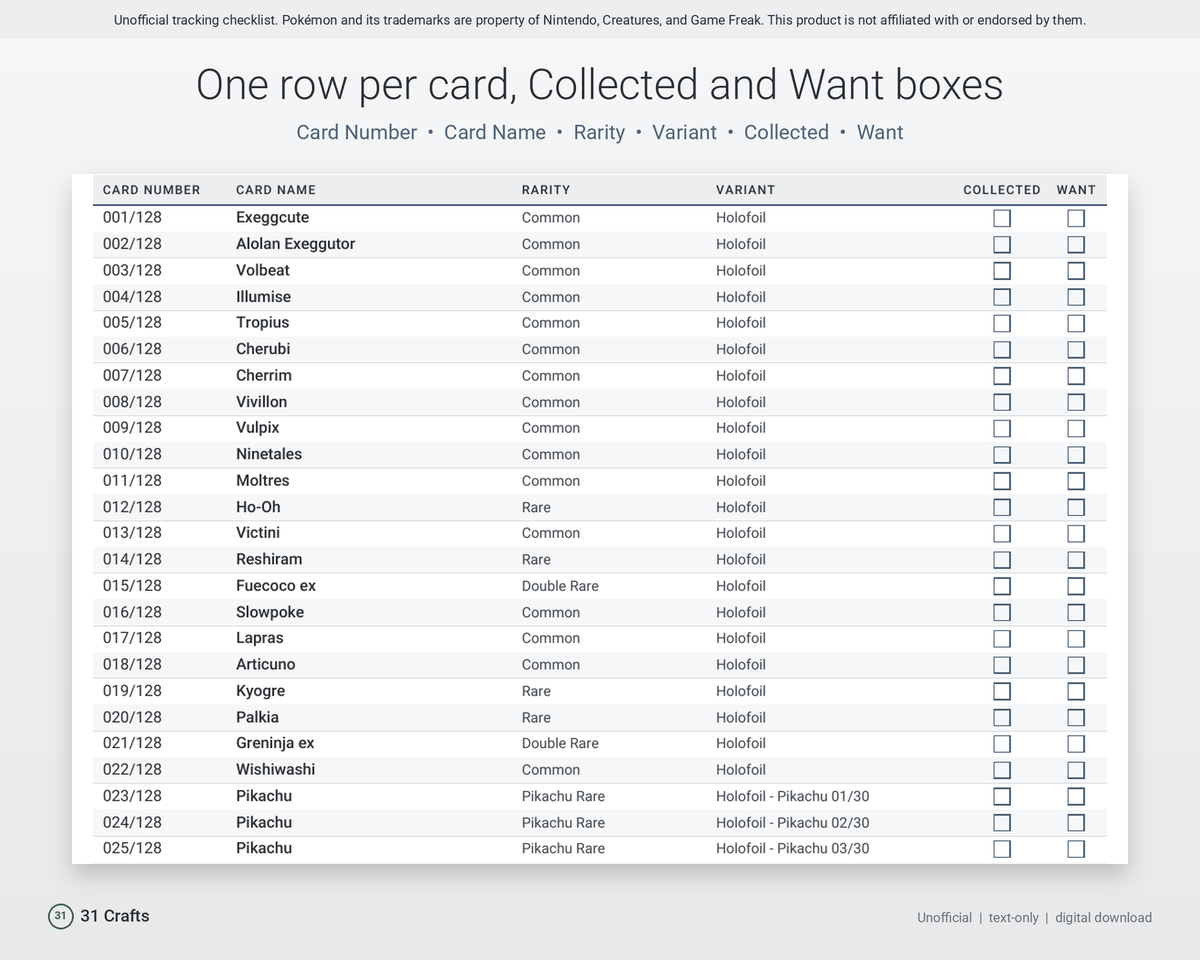 Spreadsheet & Printable PDF: Card Collection Checklist for Pokémon TCG 30th Celebration 30C, Unofficial