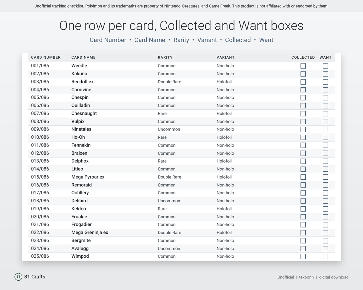 Spreadsheet & Printable PDF: Card Collection Checklist for Pokémon TCG Chaos Rising CRI, Unofficial