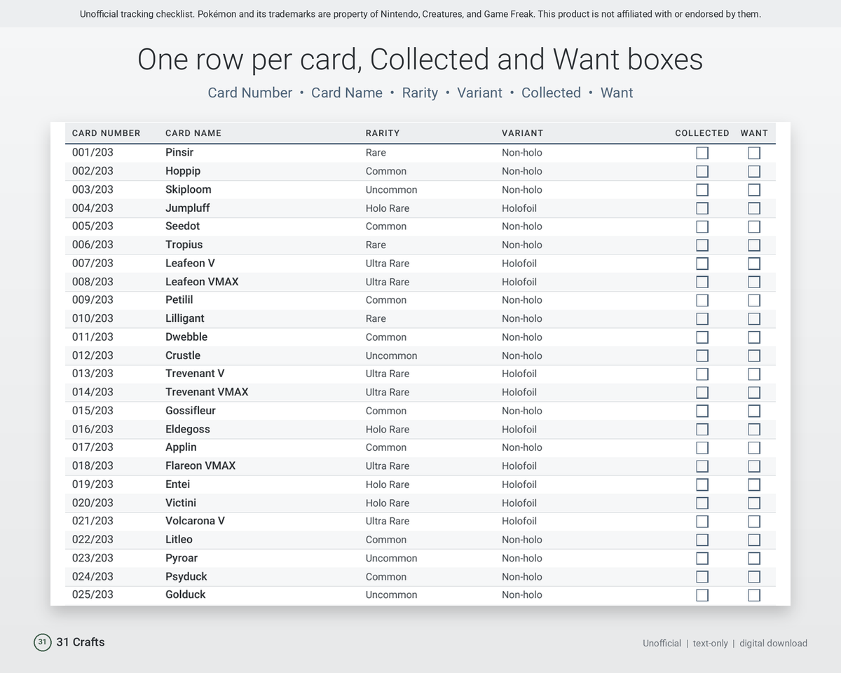 Spreadsheet & Printable PDF: Card Collection Checklist for Pokémon TCG Evolving Skies EVS, Unofficial