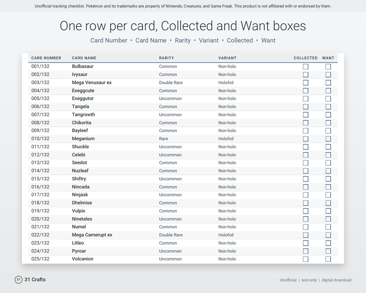 Spreadsheet & Printable PDF: Card Collection Checklist for Pokémon TCG Mega Evolution MEG, Unofficial