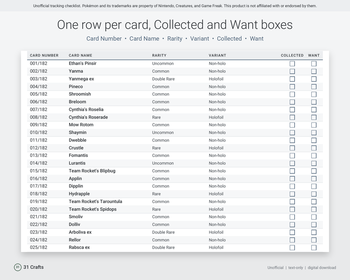 Spreadsheet & Printable PDF: Card Collection Checklist for Pokémon TCG Destined Rivals DRI, Unofficial