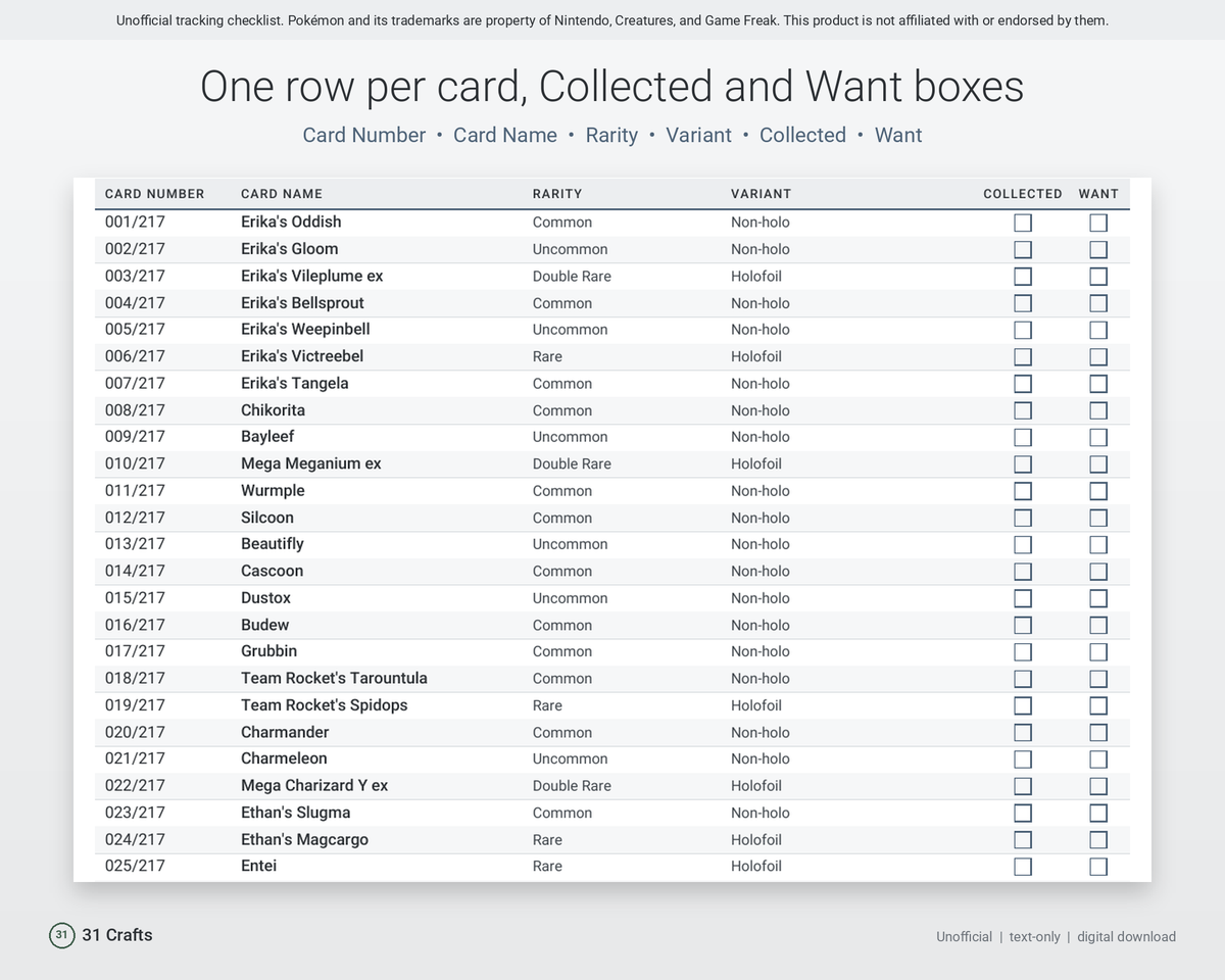 Spreadsheet & Printable PDF: Card Collection Checklist for Pokémon TCG Ascended Heroes ASC, Unofficial