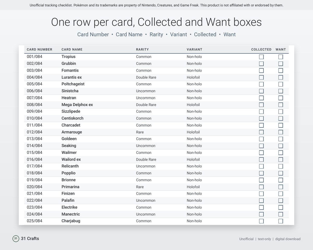Spreadsheet & Printable PDF: Card Collection Checklist for Pokémon TCG Pitch Black PBL, Unofficial