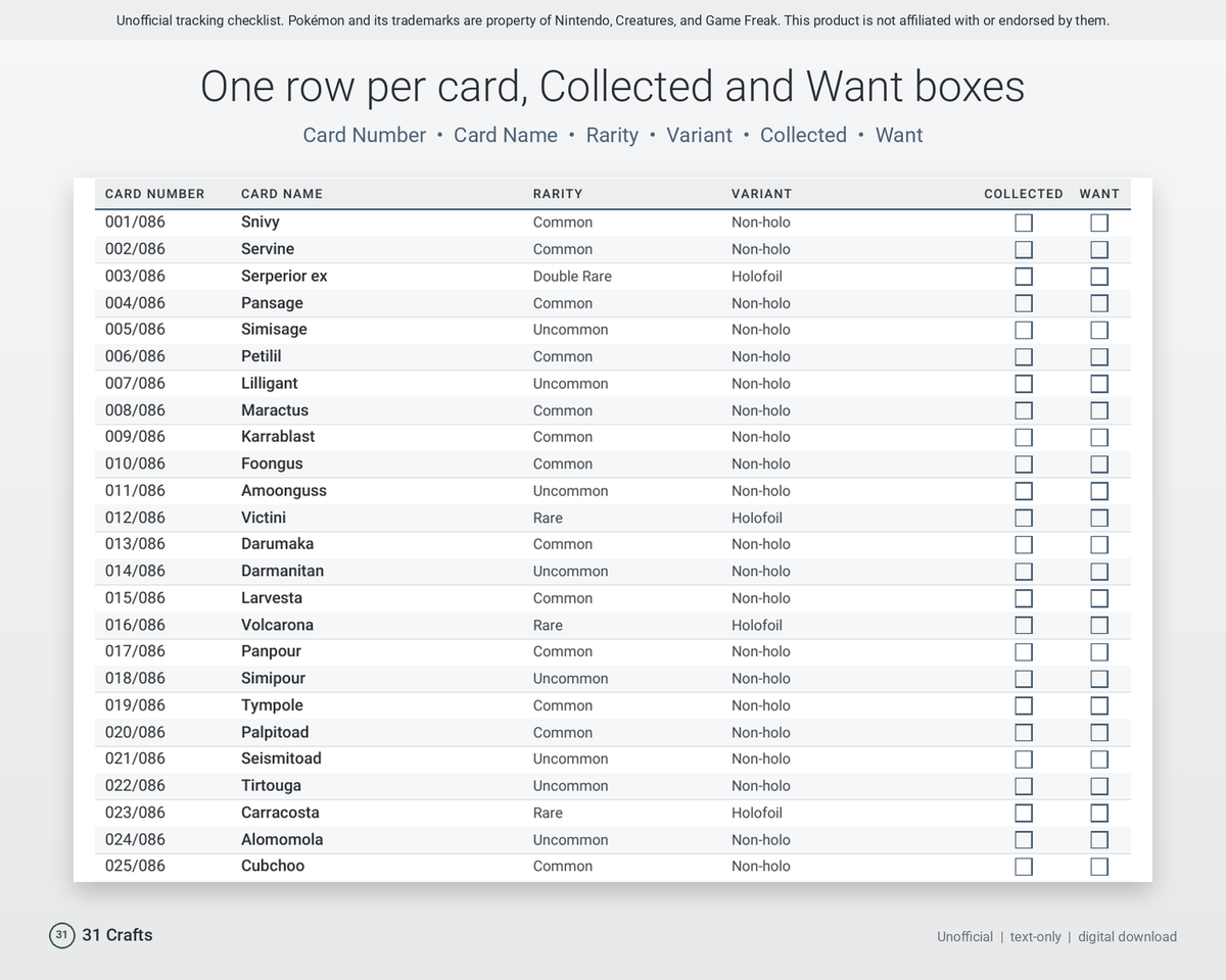 Spreadsheet & Printable PDF: Card Collection Checklist for Pokémon TCG Black Bolt BLK, Unofficial