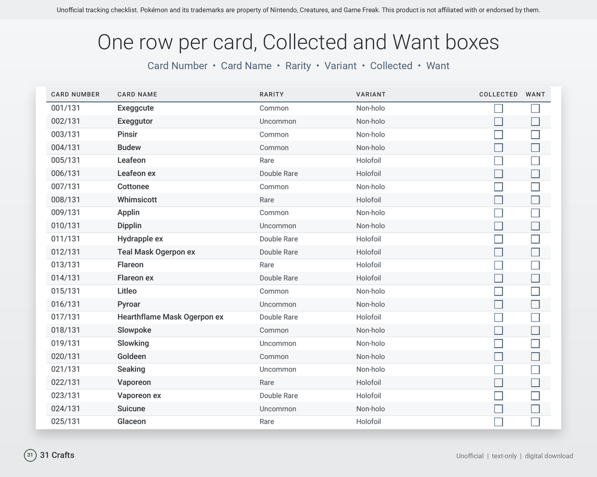 Spreadsheet & Printable PDF: Card Collection Checklist for Pokémon TCG Prismatic Evolutions PRE, Unofficial