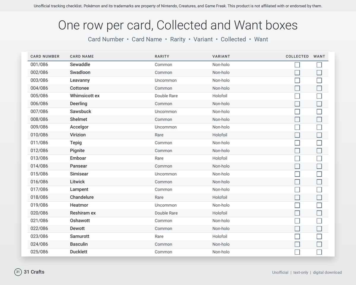 Spreadsheet & Printable PDF: Card Collection Checklist for Pokémon TCG White Flare WHT, Unofficial
