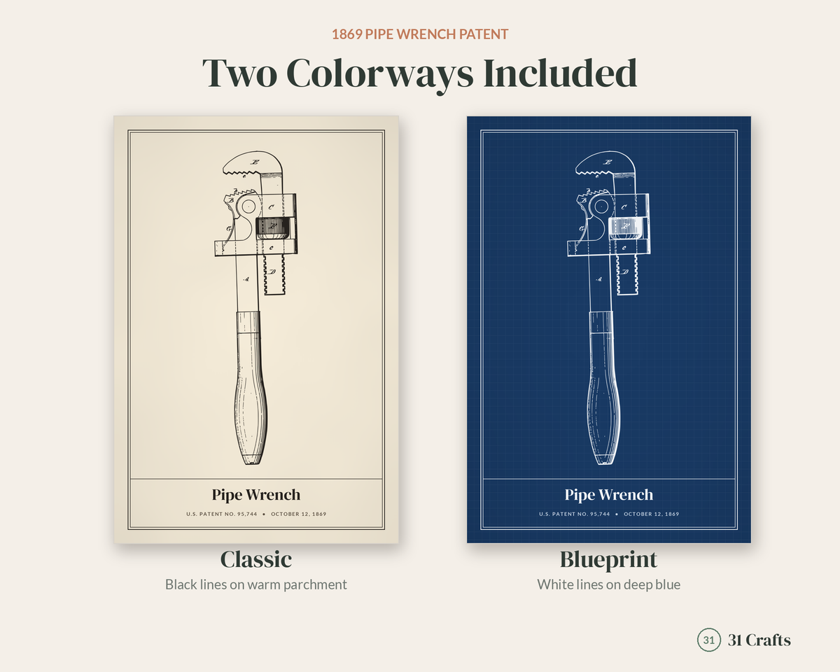 1869 Pipe Wrench Patent Print, Vintage Tool Blueprint Wall Art, Printable Plumber Gift