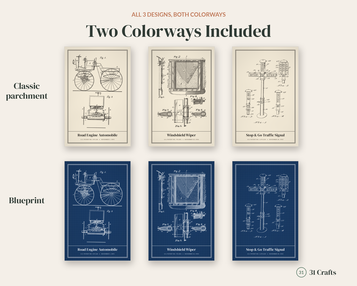 Antique Car Patent Print Set of 3, Automobile Blueprint Wall Art, Printable Garage Decor