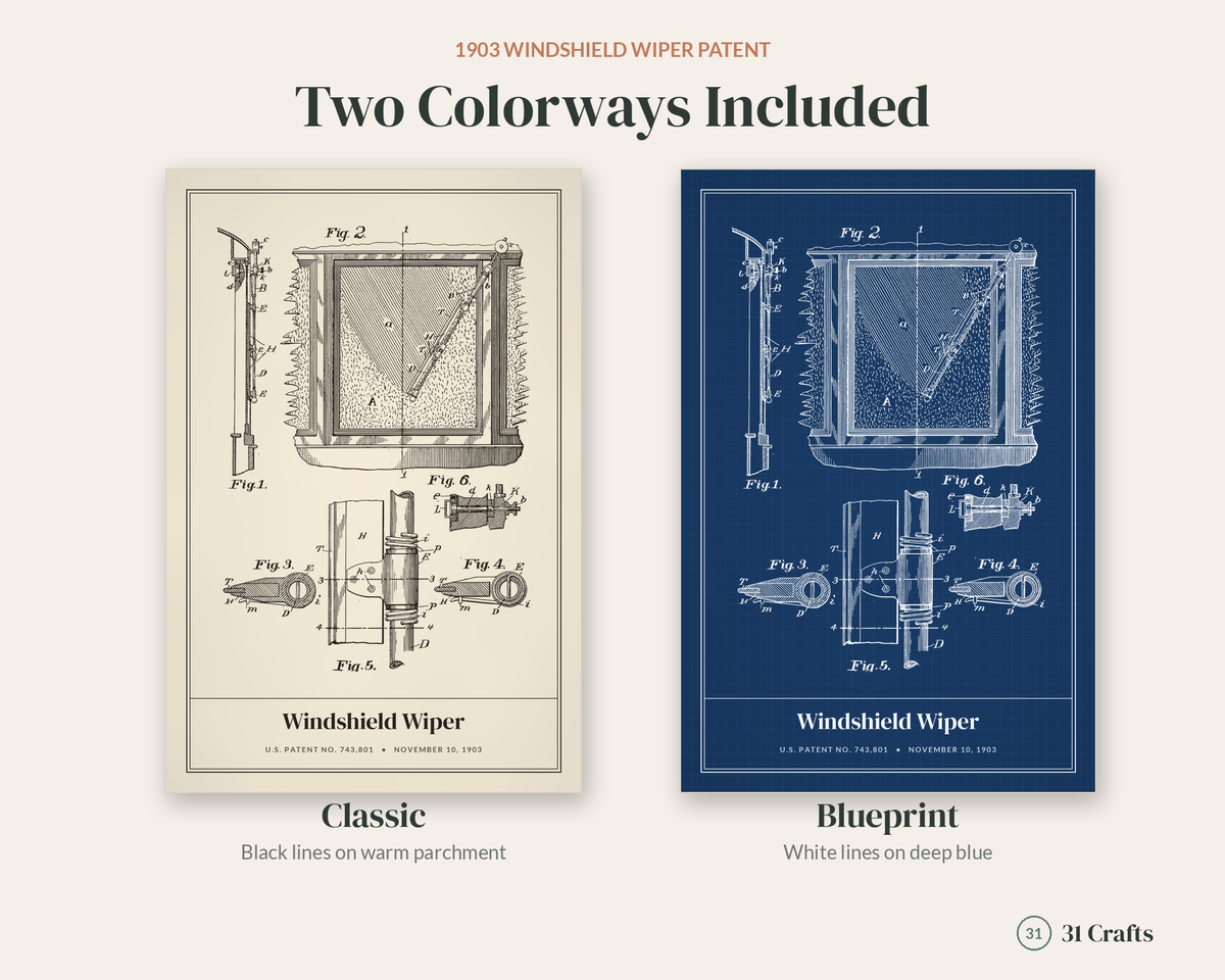 1903 Windshield Wiper Patent Print, Vintage Car Blueprint Wall Art, Printable Mechanic Gift