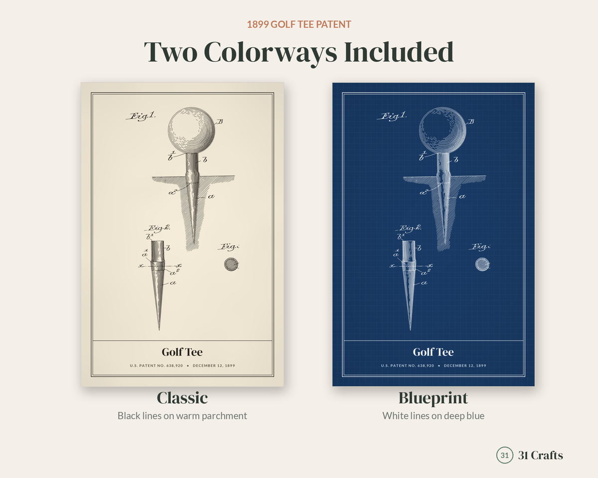 1899 Golf Tee Patent Print, Vintage Golf Wall Art, Printable Golfer Gift for Dad
