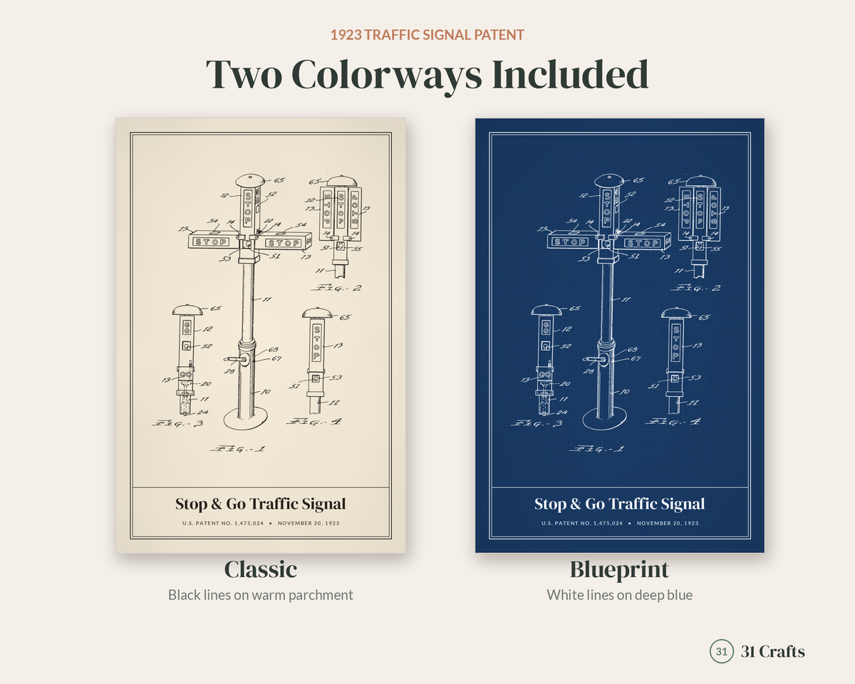 1923 Traffic Signal Patent Print, Stop and Go Blueprint Wall Art, Printable Driver Gift