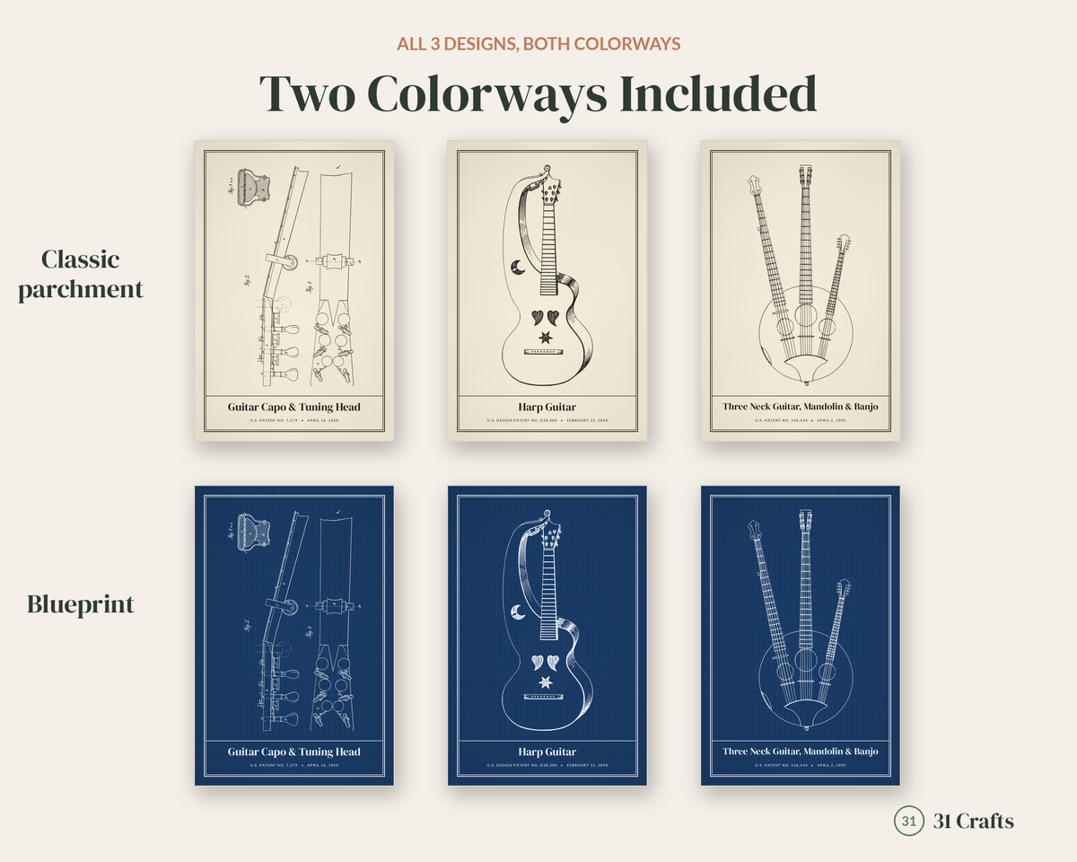 Guitar Patent Print Set of 3, Banjo Mandolin Blueprint Wall Art, Printable Musician Gift