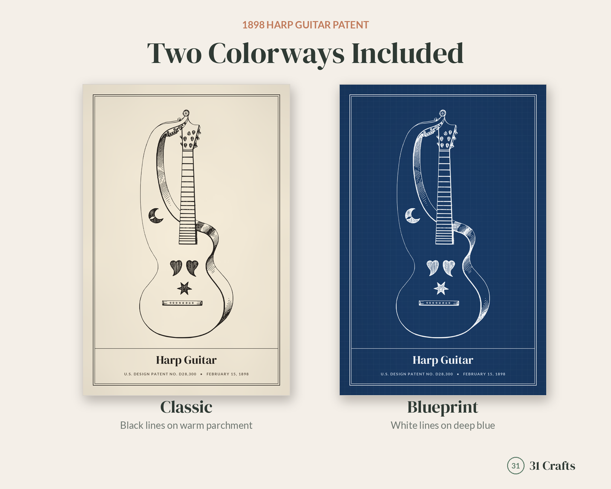 1898 Harp Guitar Patent Print, Vintage Blueprint Music Wall Art, Printable Luthier Gift