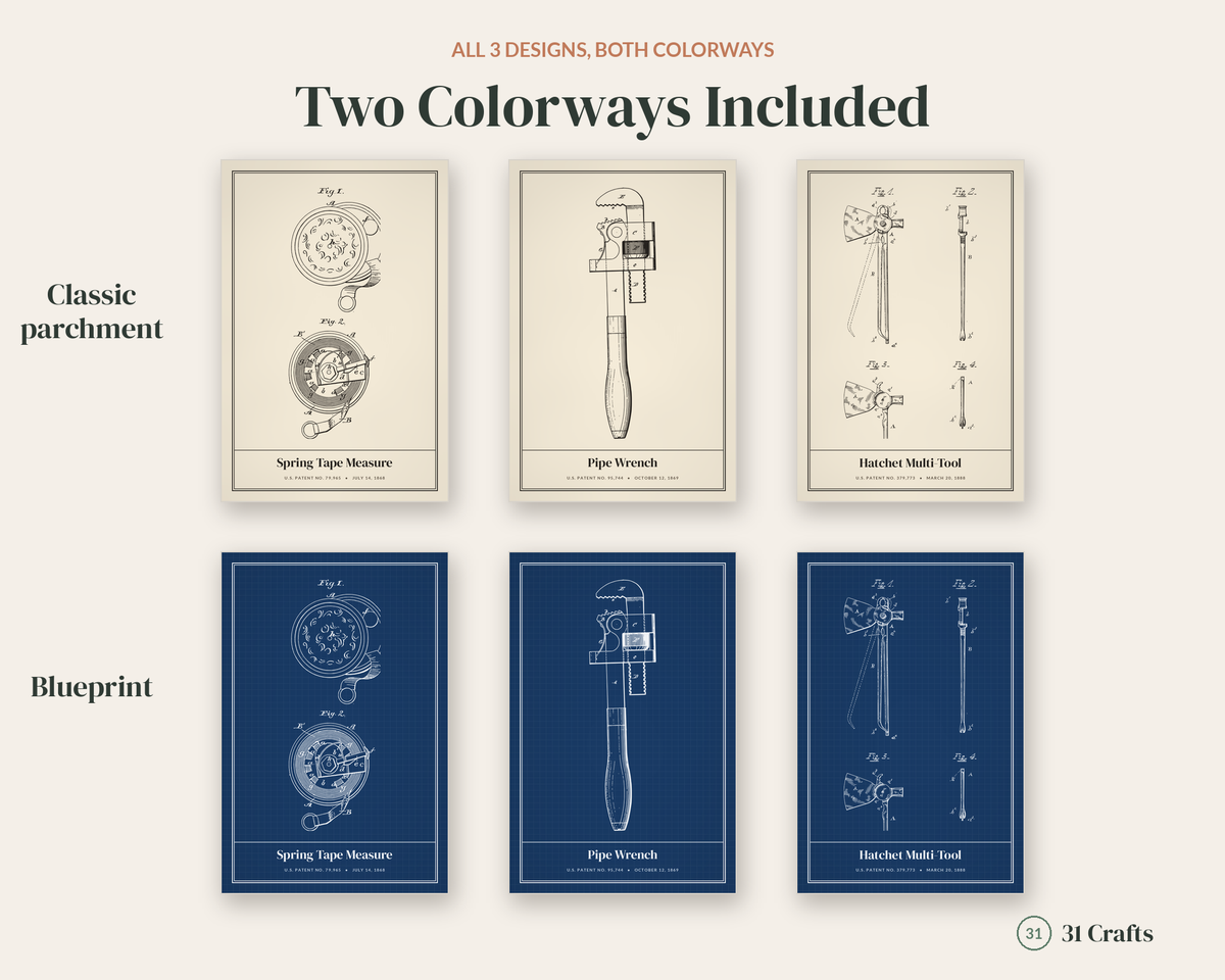 Vintage Tool Patent Print Set of 3, Workshop Blueprint Wall Art, Printable Dad Gift